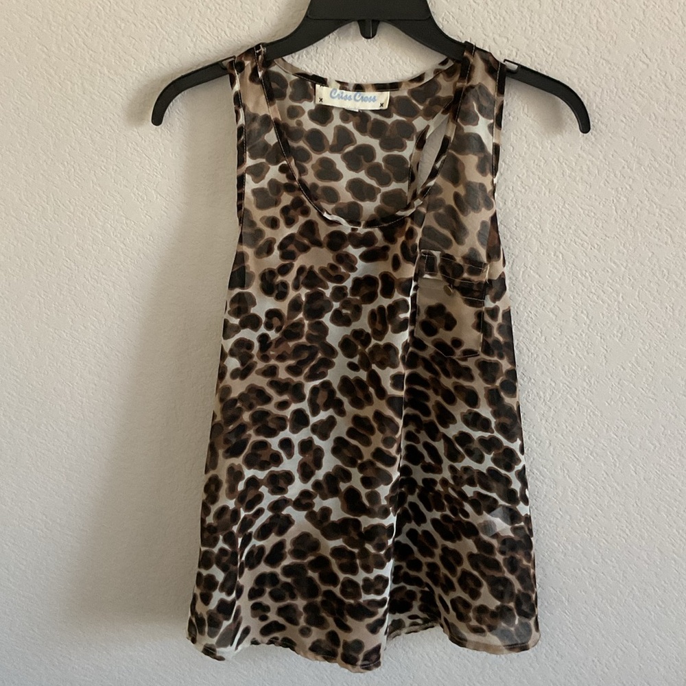 Criss Cross Sheer Leopard Sleeveless Blouse- Size S